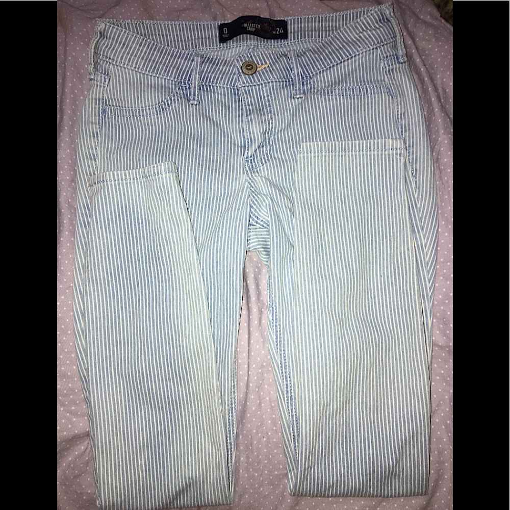 Hollister blue pinstripe jeans distressed cropped